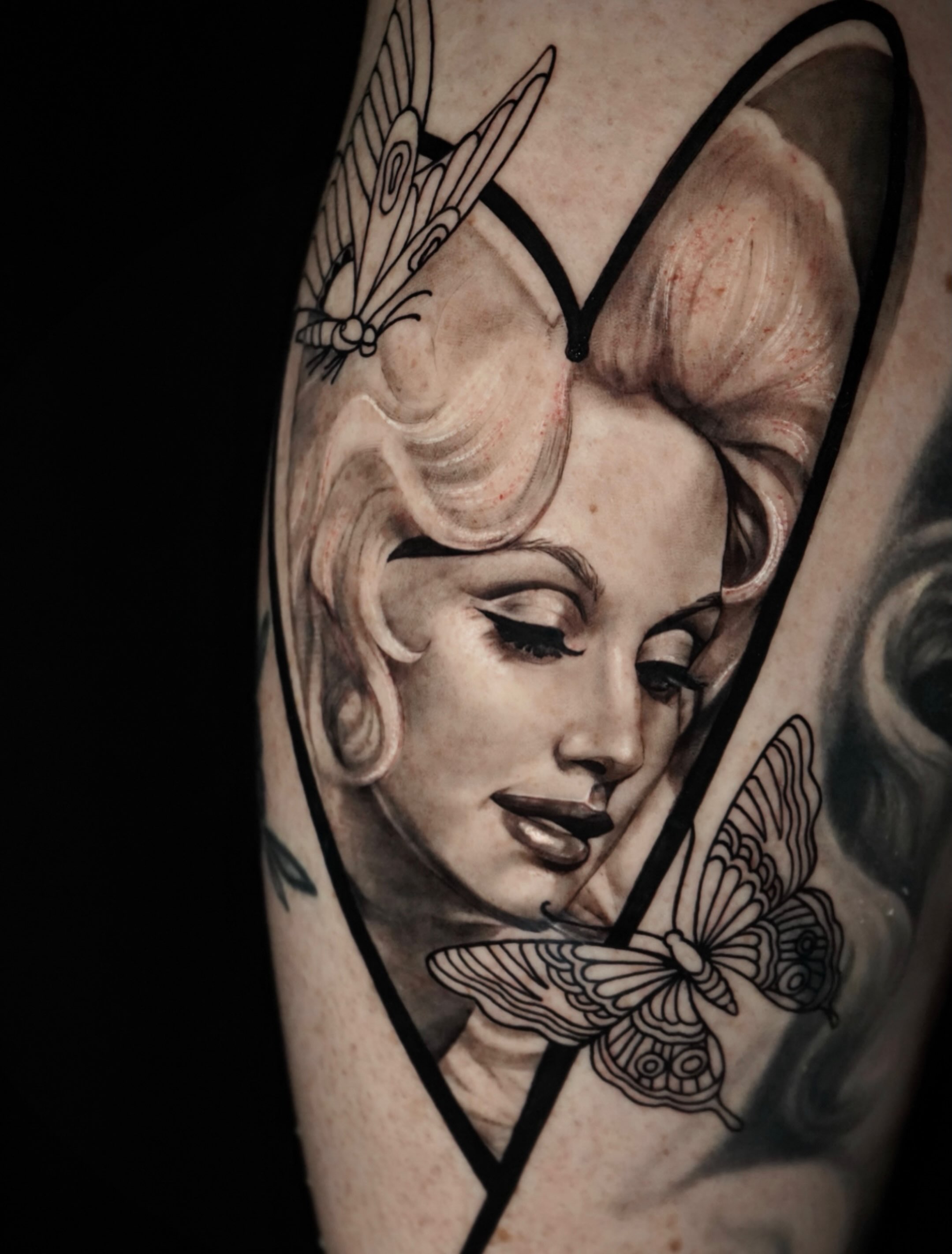 Woman with butterflies realism tattoo on the forearm by ❖ Raven Lennox ❖