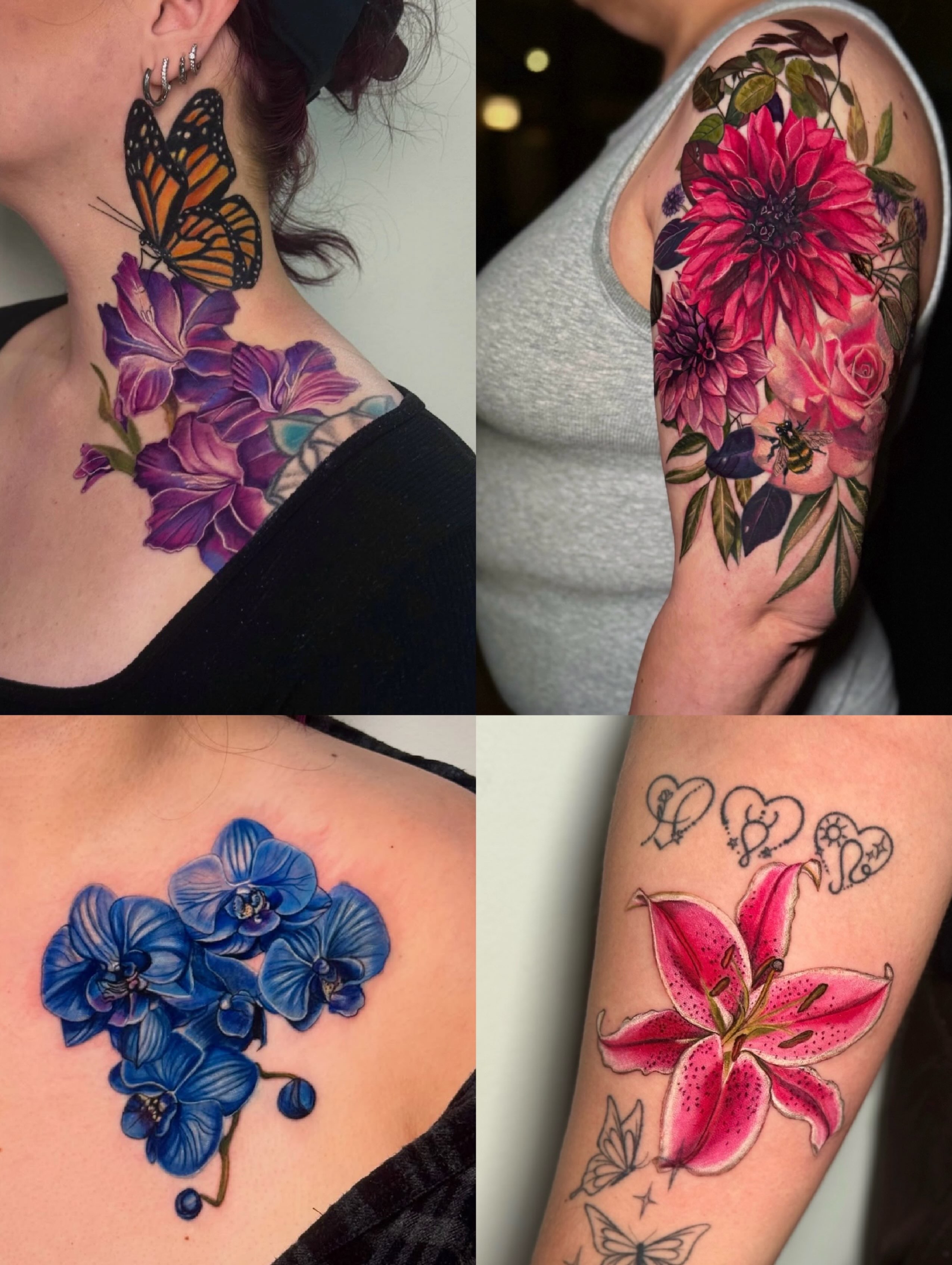 Flowers and butterfly realism tattoo on the shoulder by 𝕀𝕣𝕚𝕤 𝔸𝕣𝕖𝕝𝕝𝕒𝕟𝕠