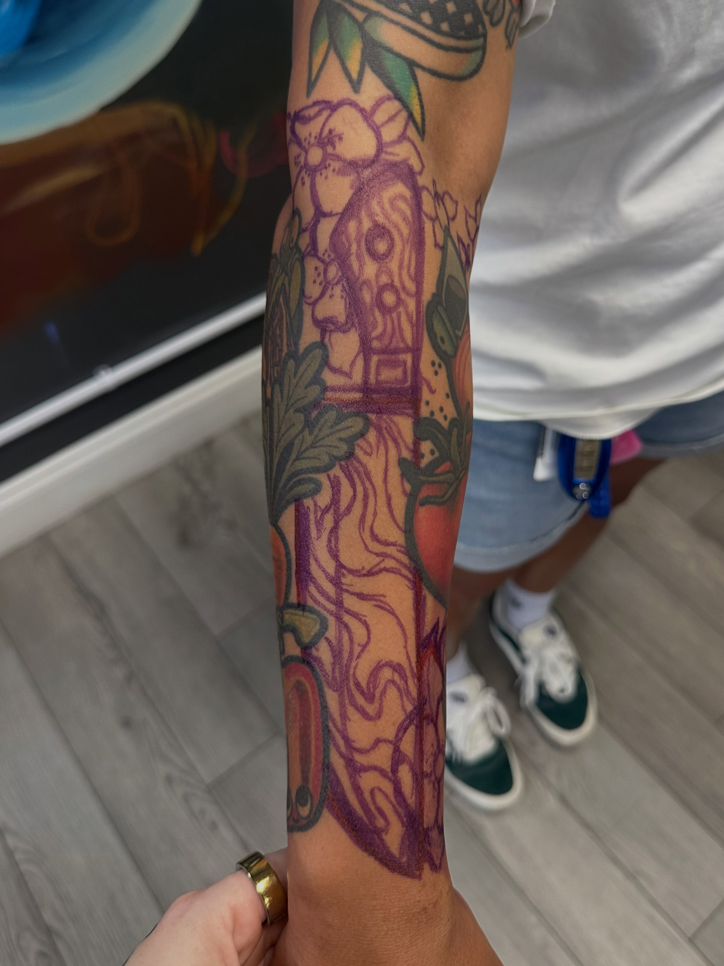 Abstract floral and geometric design new school tattoo on the forearm by 🌿 Vicky Stoner 🌿