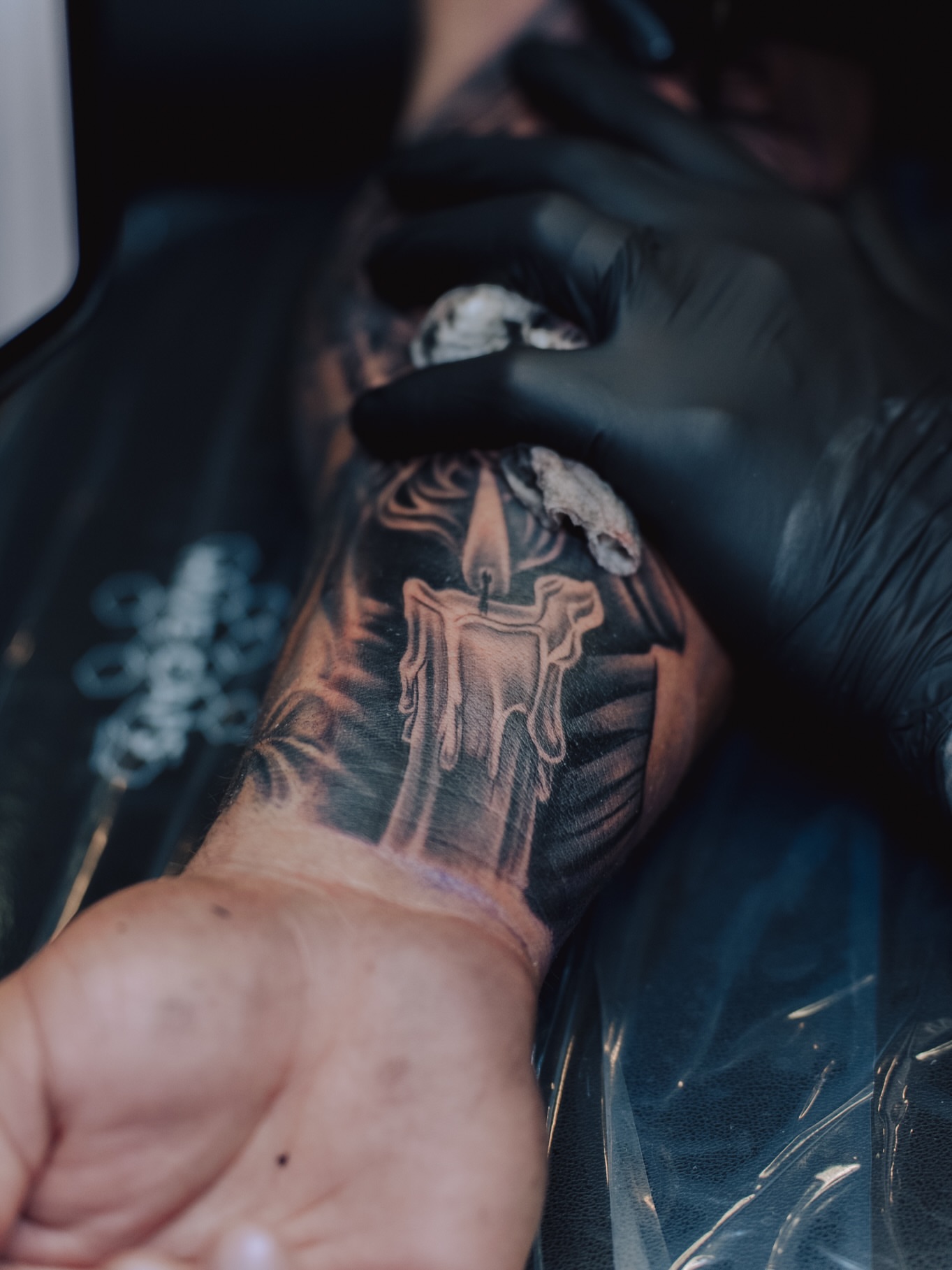 Candle black and grey tattoo on the forearm by Ray Paponetti - Tattoo Artist Delray Beach