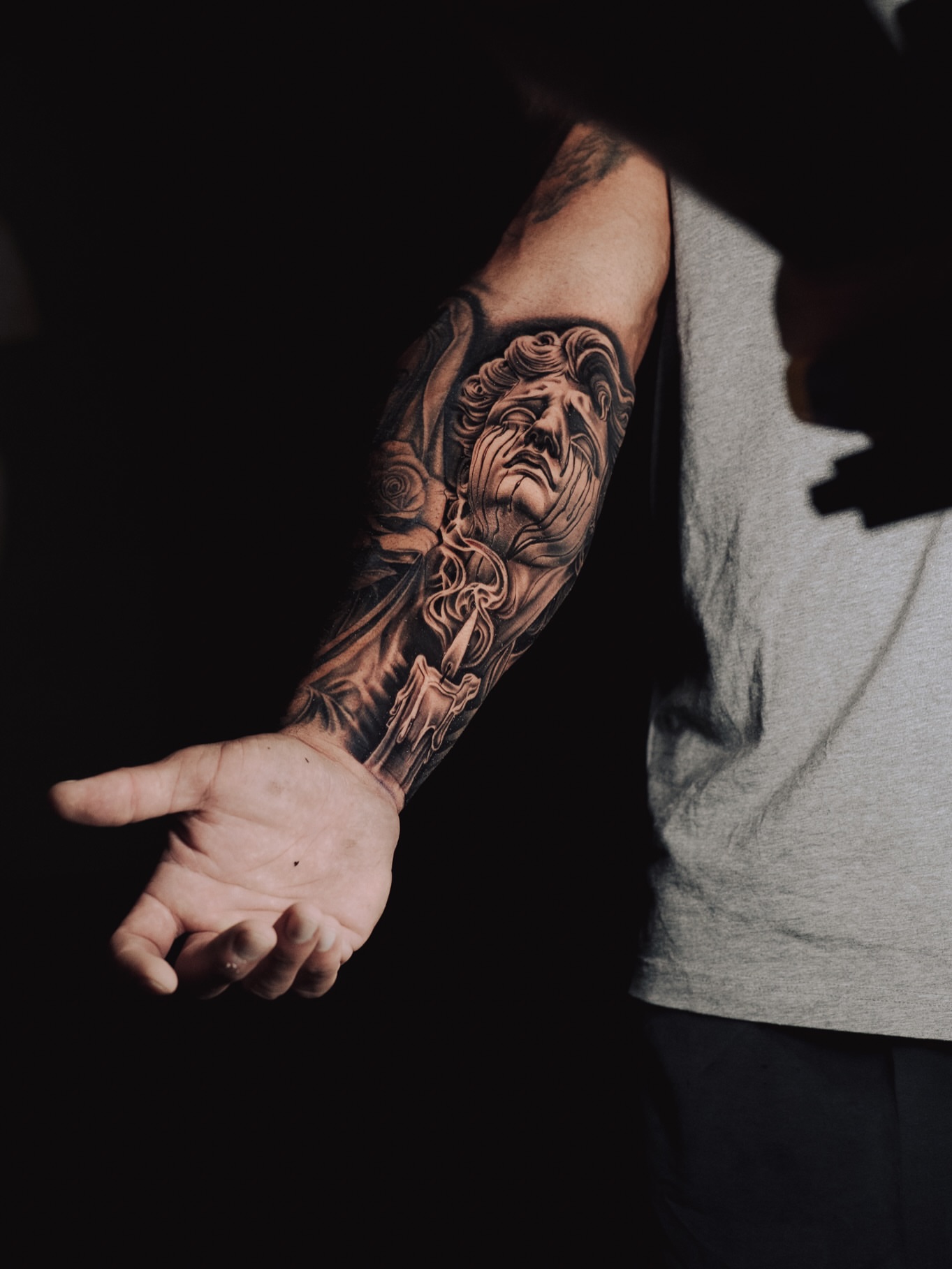 Man with beard realism tattoo on the forearm by Ray Paponetti - Tattoo Artist Delray Beach