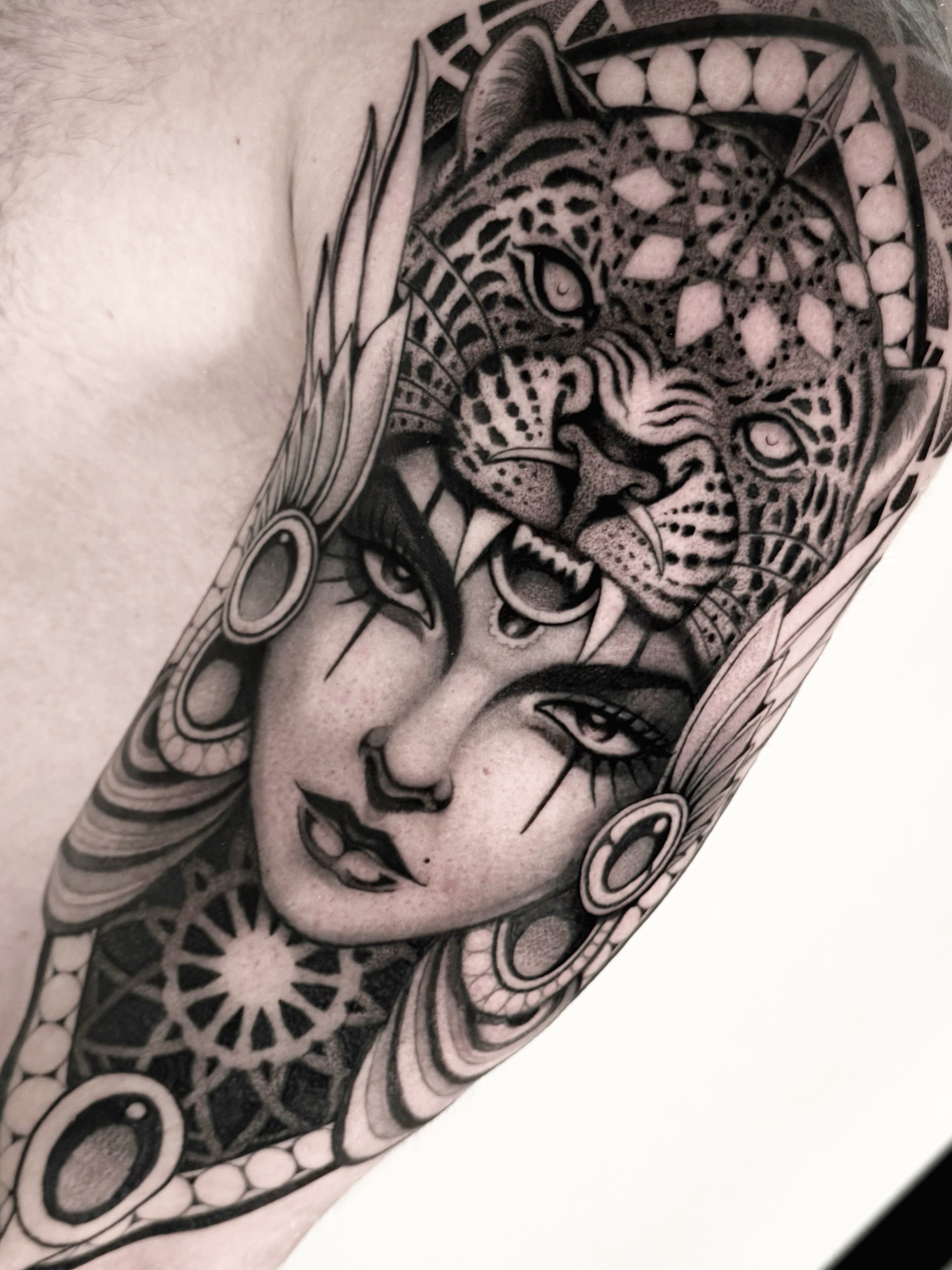 Tattoo by @ninjakixxtattoo — black_and_grey, geometric