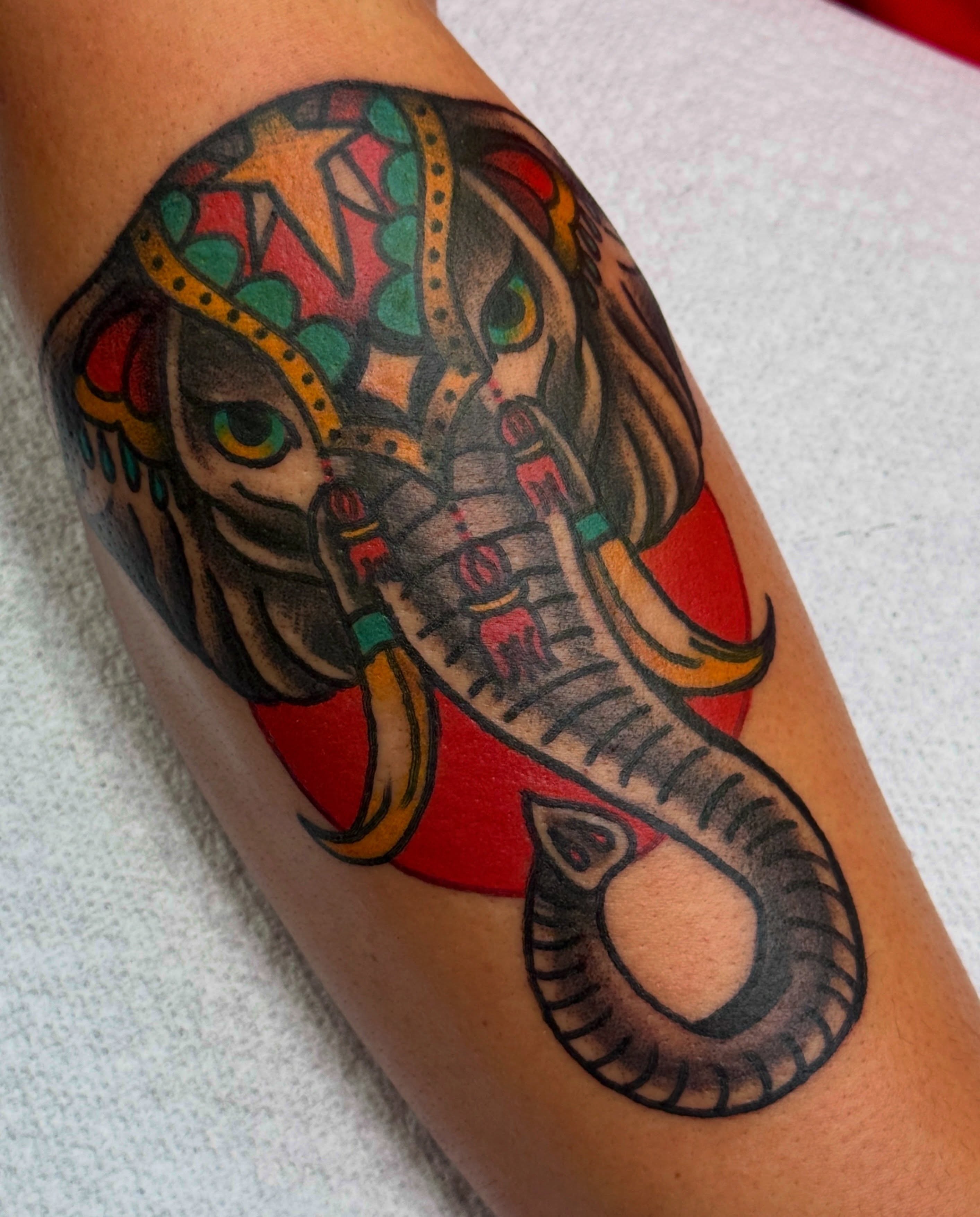 Elephant American traditional tattoo on the forearm by 🪩 Marisa Rae Mathews 🪩, McKees Rocks, Pennsylvania