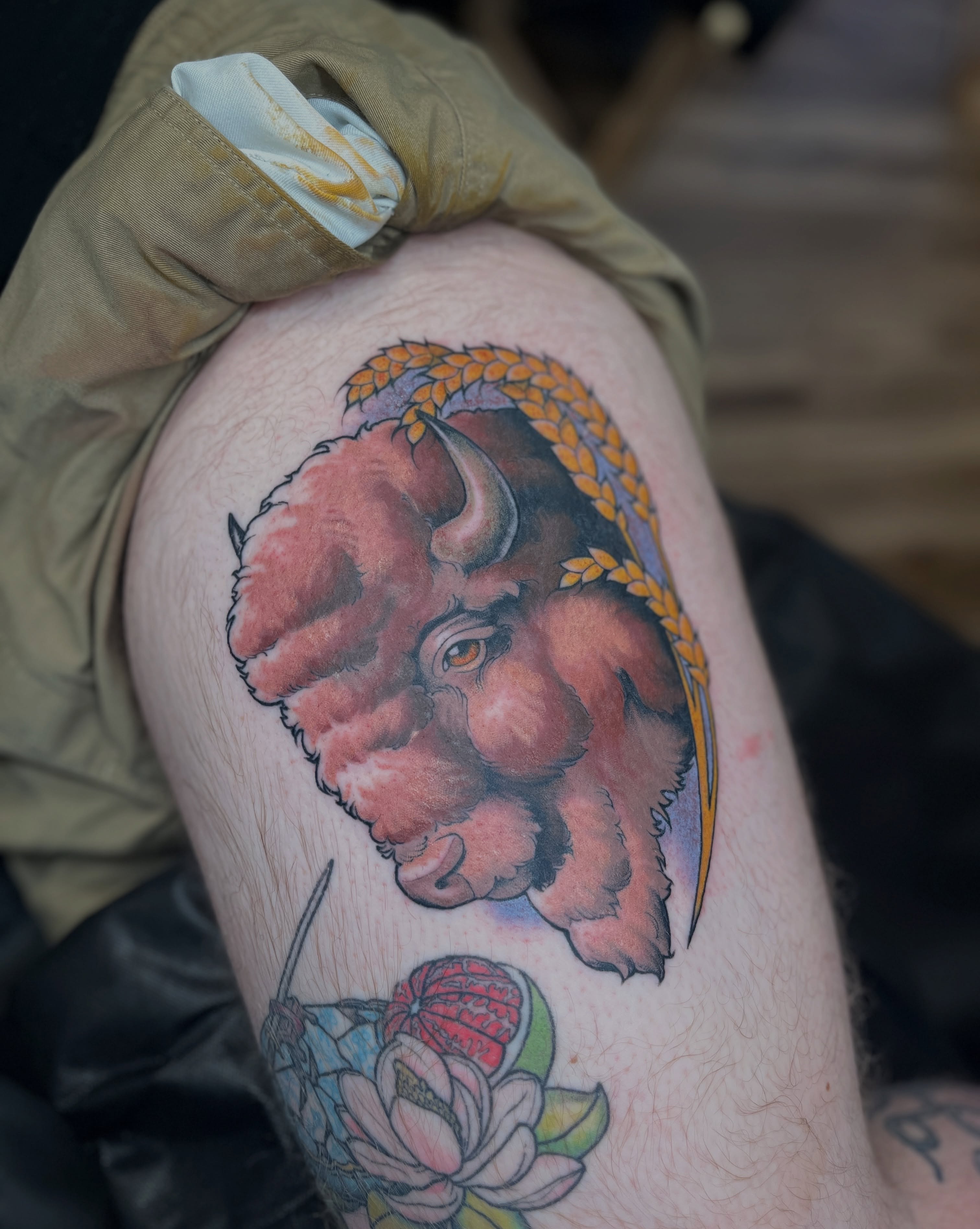 Buffalo American traditional tattoo on the thigh by BELLIE ✧ Tattoo Artist