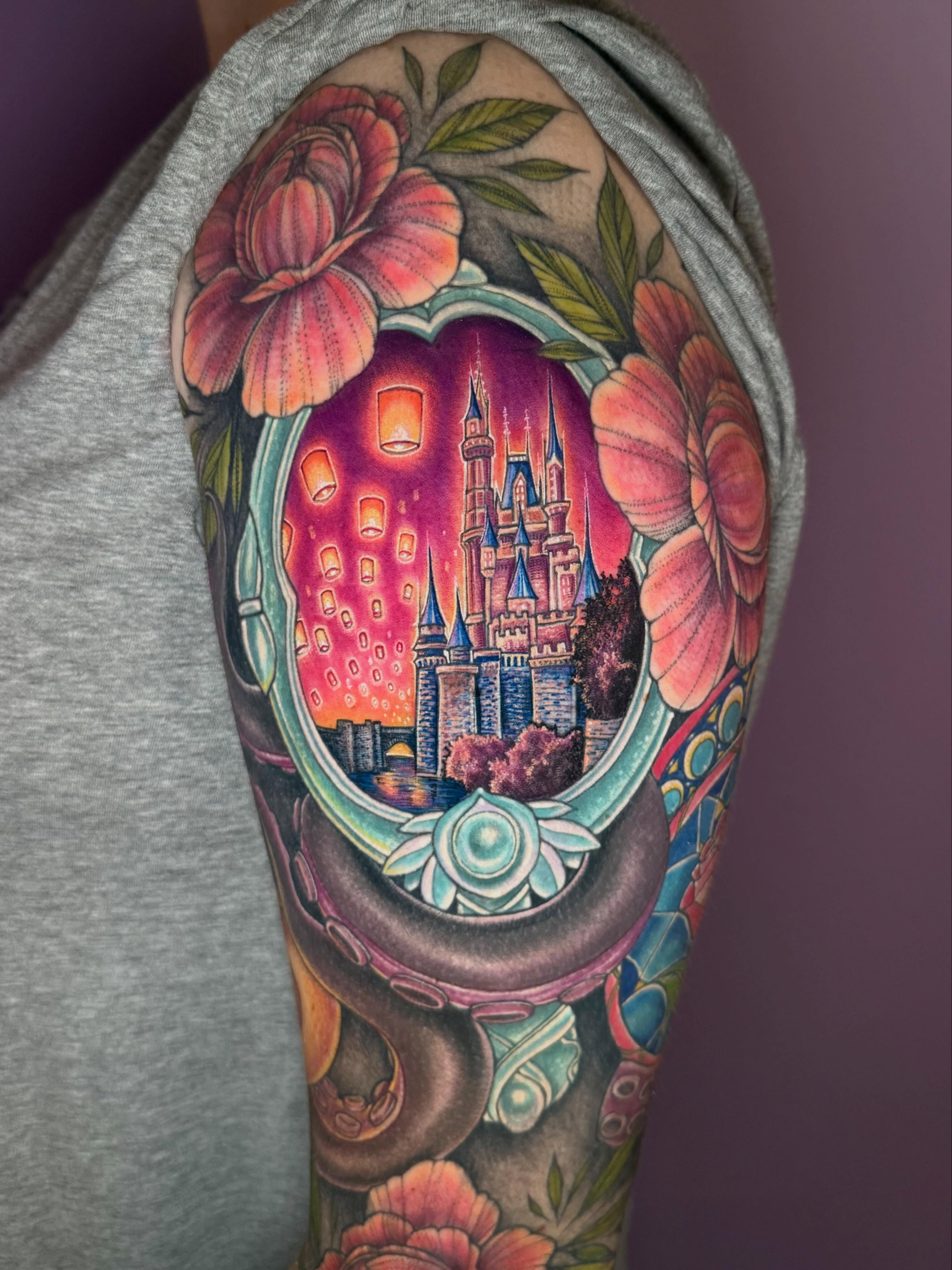 Castle and lanterns new school tattoo on the forearm by Cassandra Sanik, Ballston Spa, New York