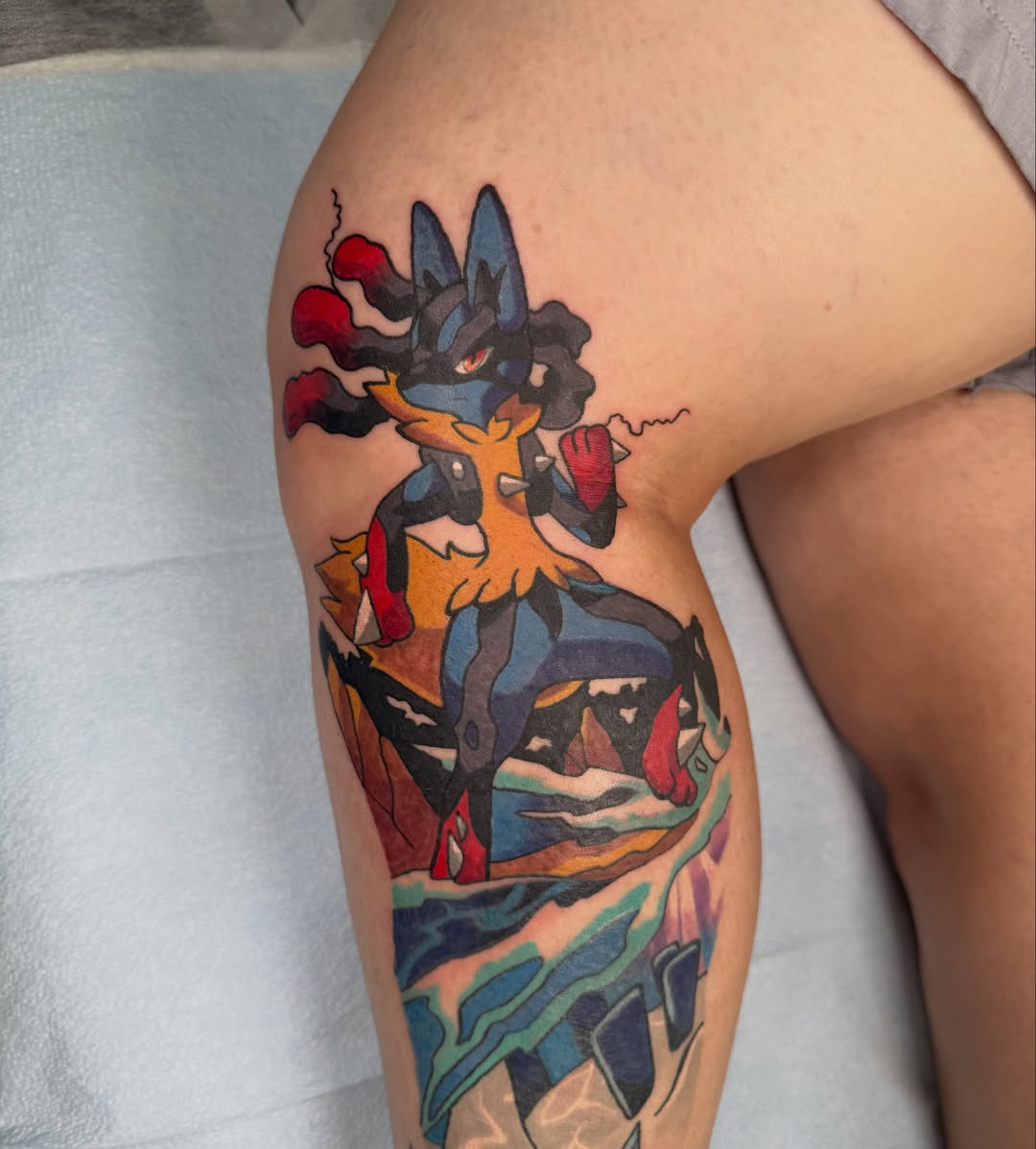 Shadow monster dotwork tattoo on the thigh by Mike Corn