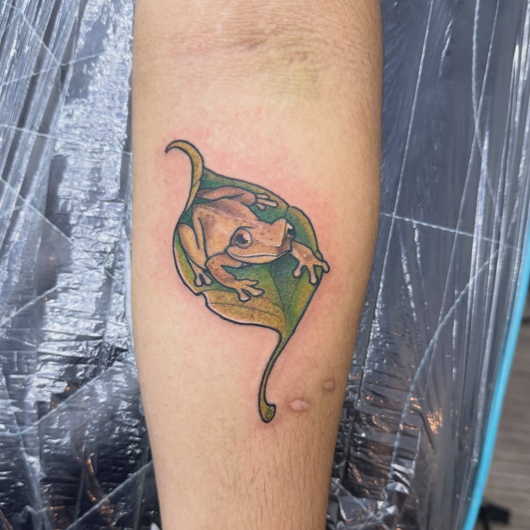 Frog on leaf realism tattoo on the forearm by Dizzy, Phillipsburg, New Jersey