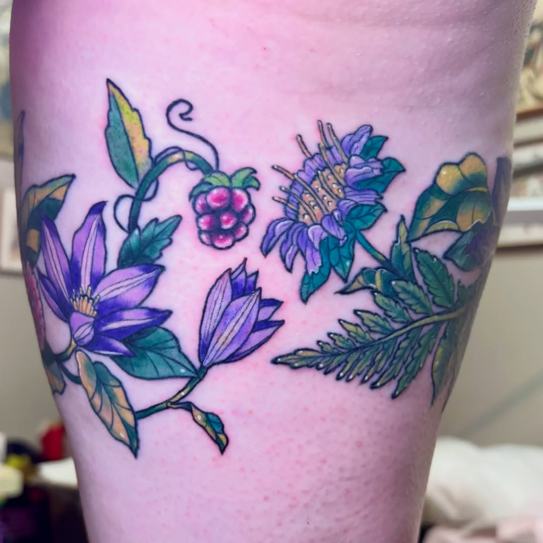 Floral arrangement new school tattoo on the forearm by Bekah Smith