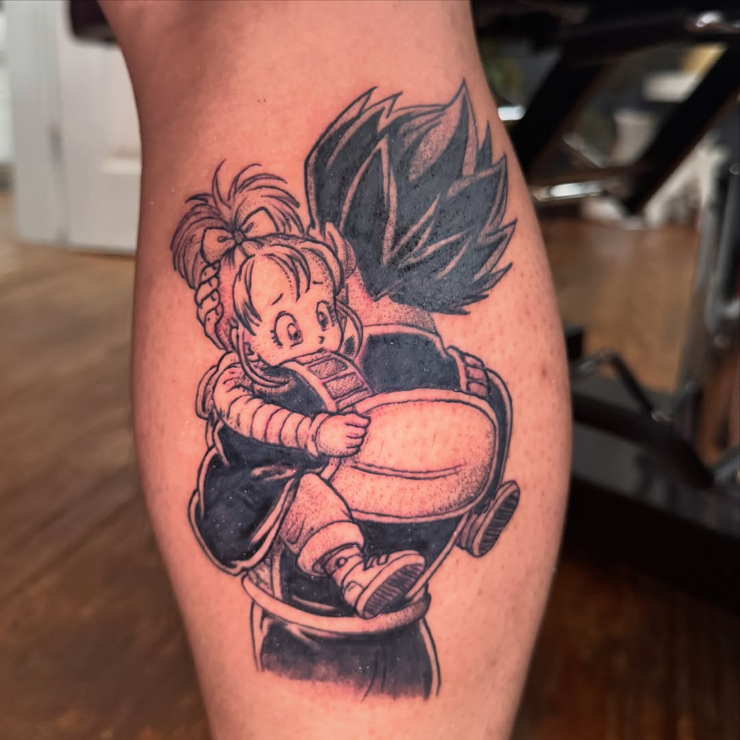 Child hugging adult anime tattoo on the forearm by Eric Burns - NoVA Tattoo Artist