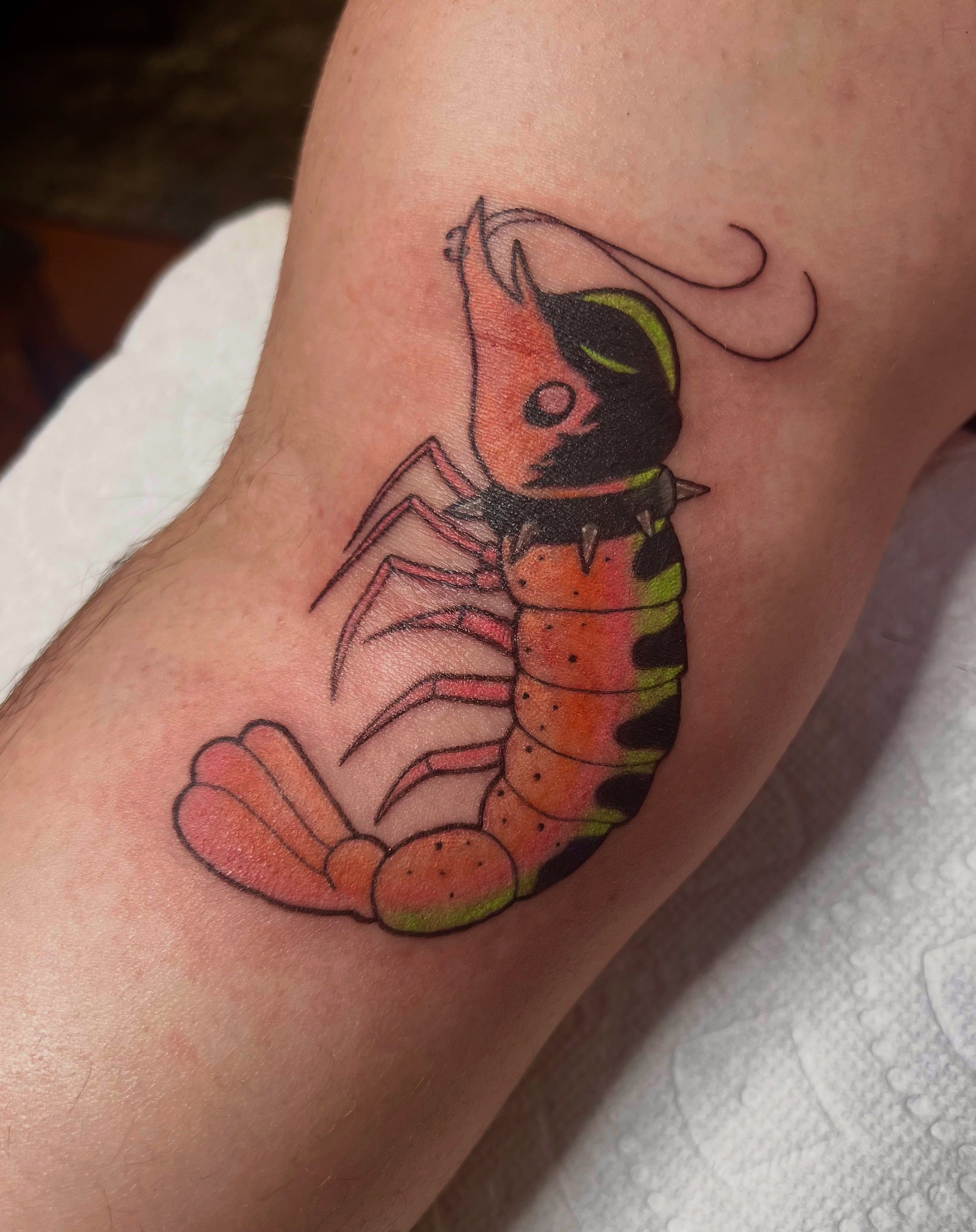 Lobster new school tattoo on the forearm by Holly Lednum