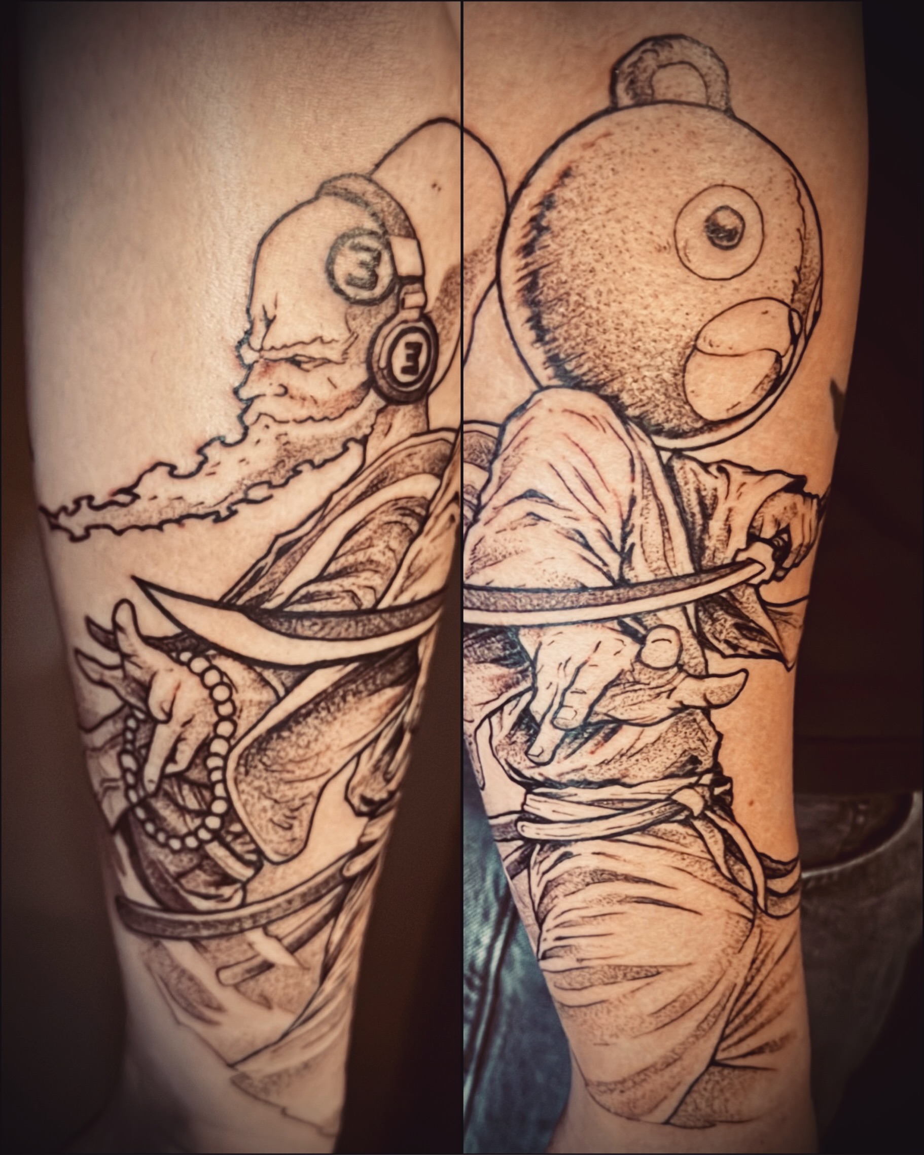 Astronaut and dragon realism tattoo on the forearm by IX