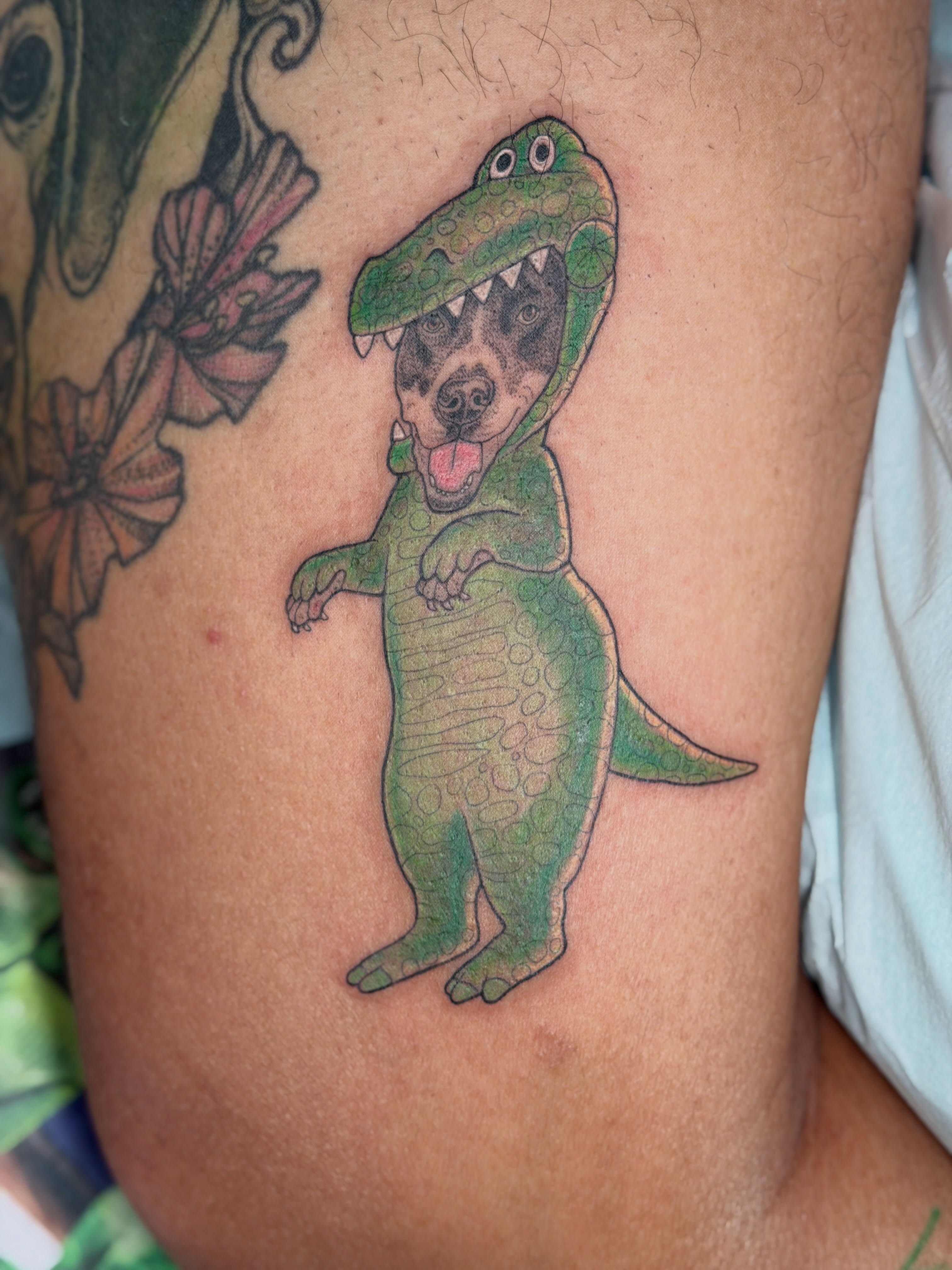 Dog in crocodile costume dotwork tattoo on the thigh by Alison (Wise) Best
