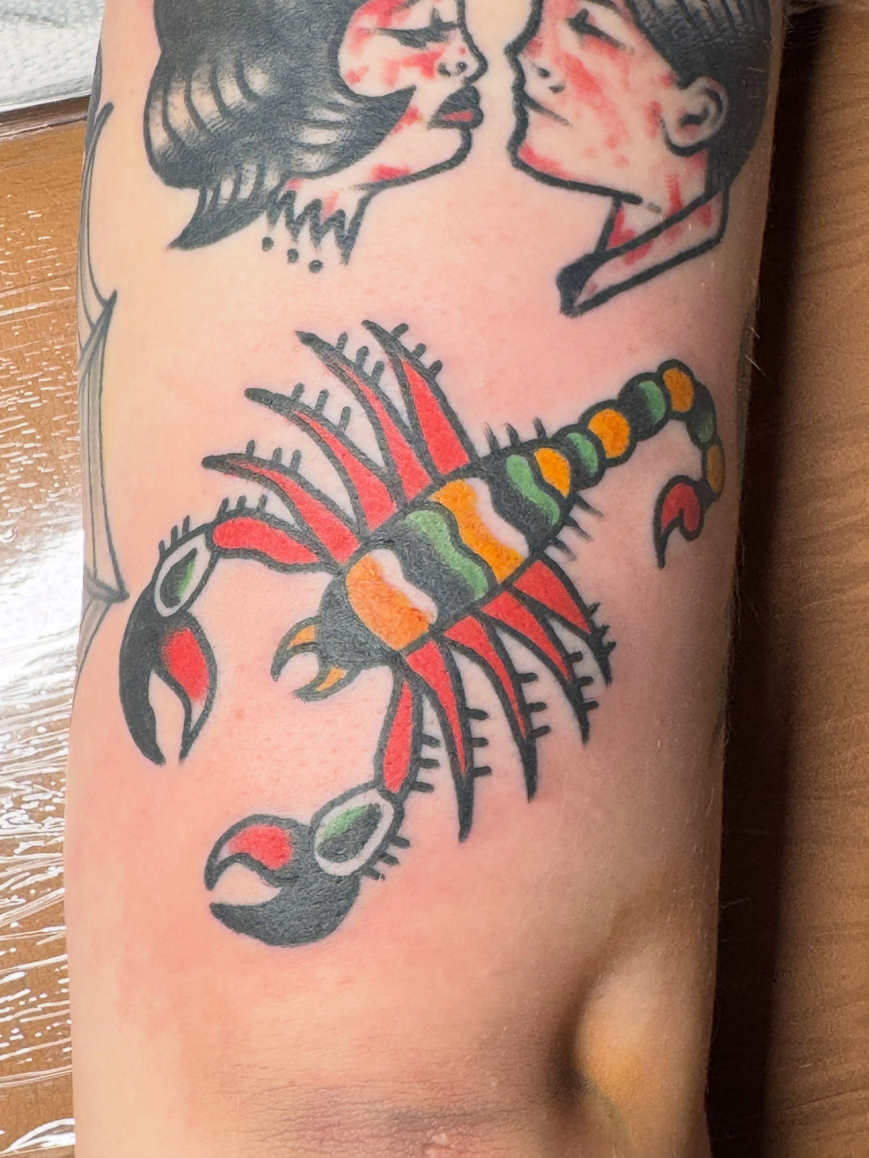 Scorpion American traditional tattoo on the forearm by Zach Lemieux