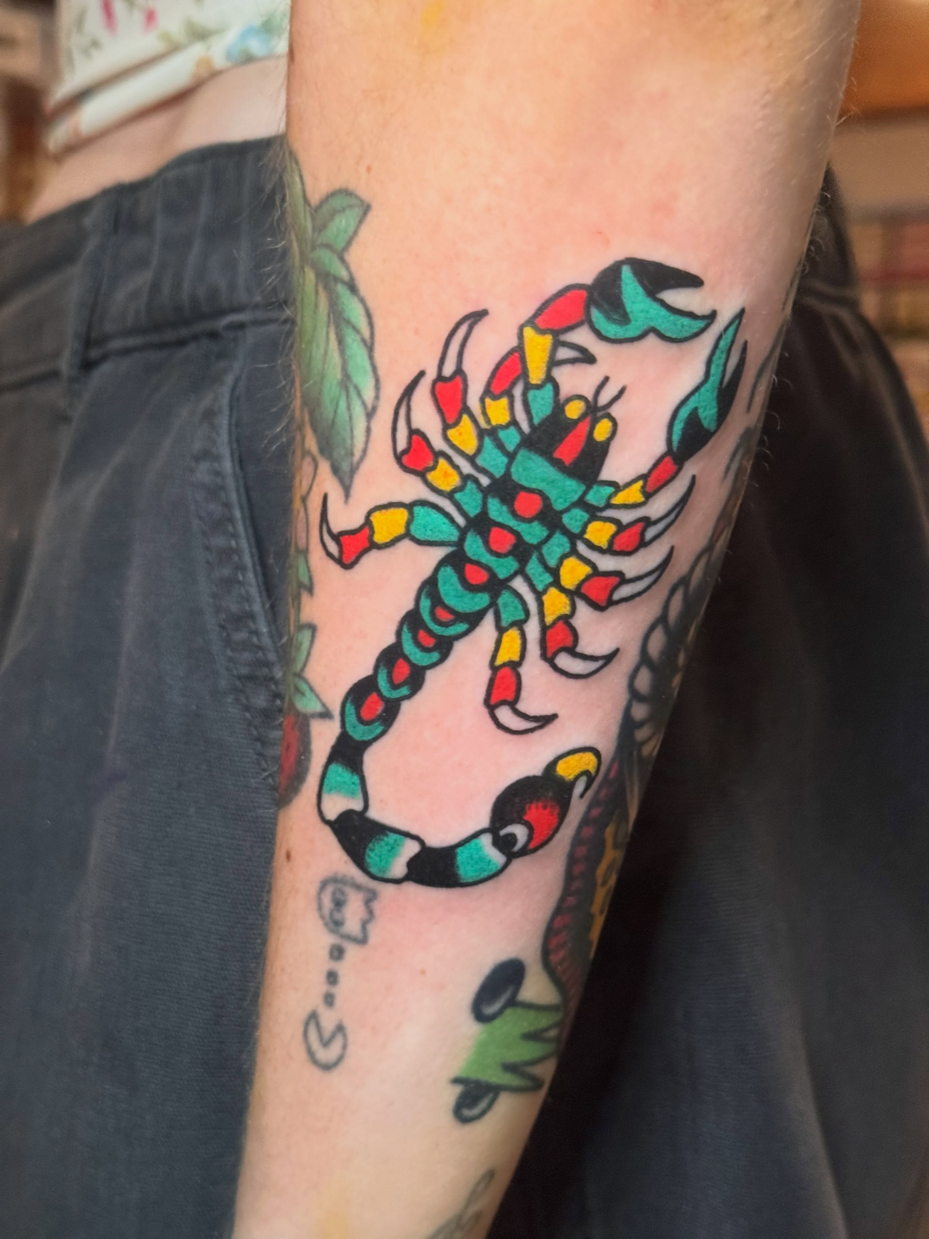 Scorpion American traditional tattoo on the forearm by Zach Lemieux
