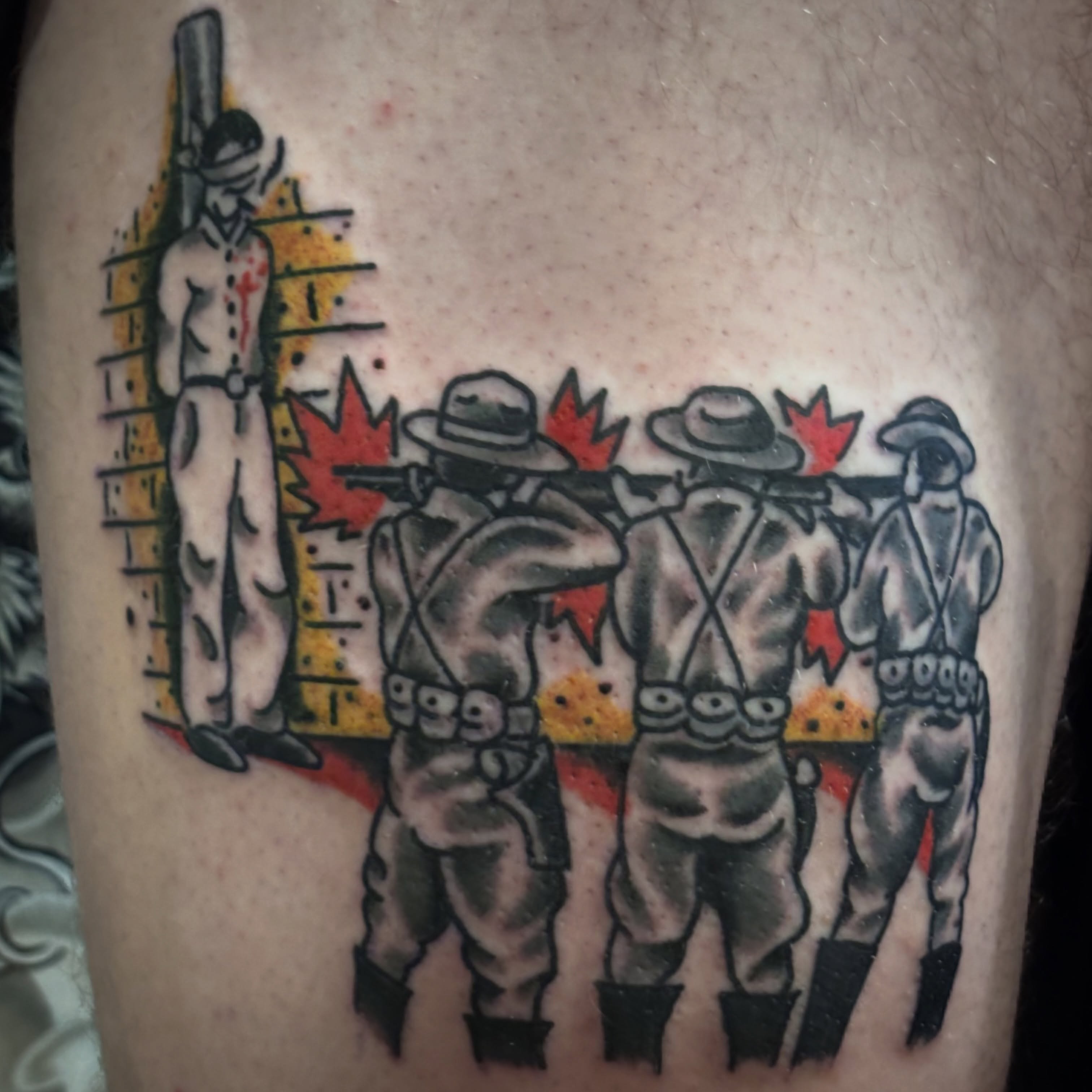 Soldiers with maple leafs American traditional tattoo on the thigh by Malachi