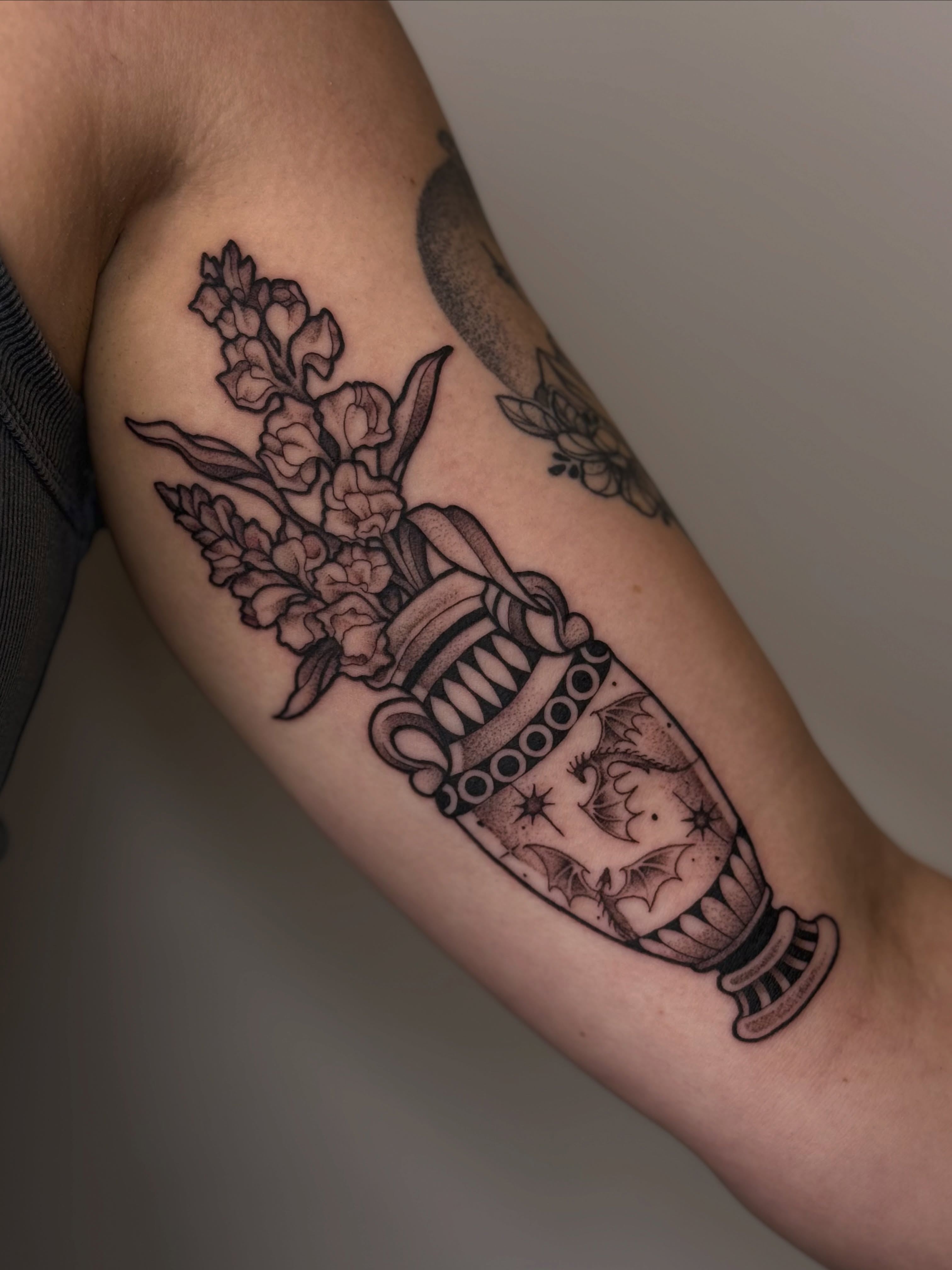 Jar with flowers black and grey tattoo on the forearm by Emma Friesen - Lancaster & York Tattoo Artist, Lancaster, Pennsylvania