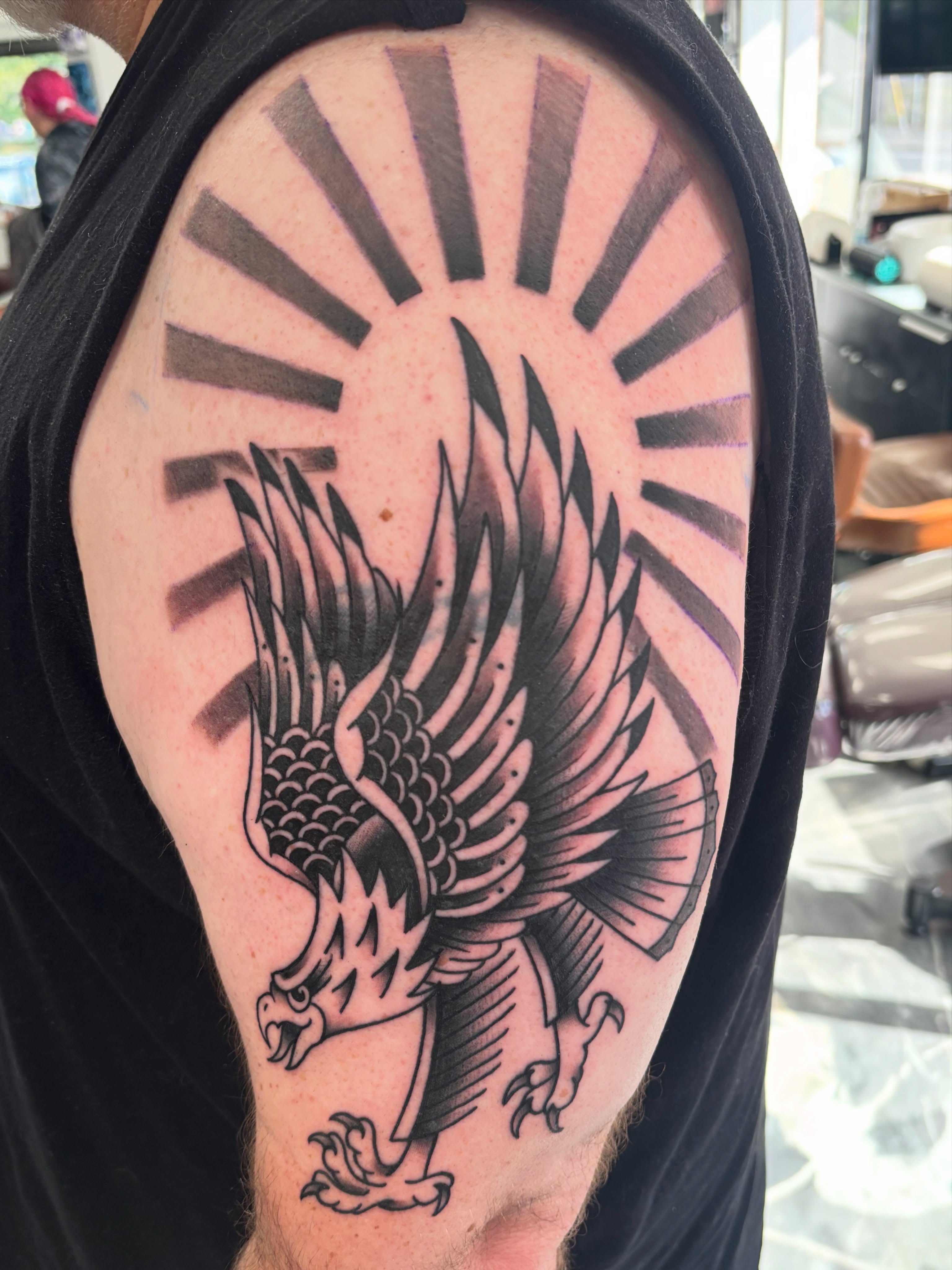 Eagle black and grey tattoo on the shoulder by @koma_tk
