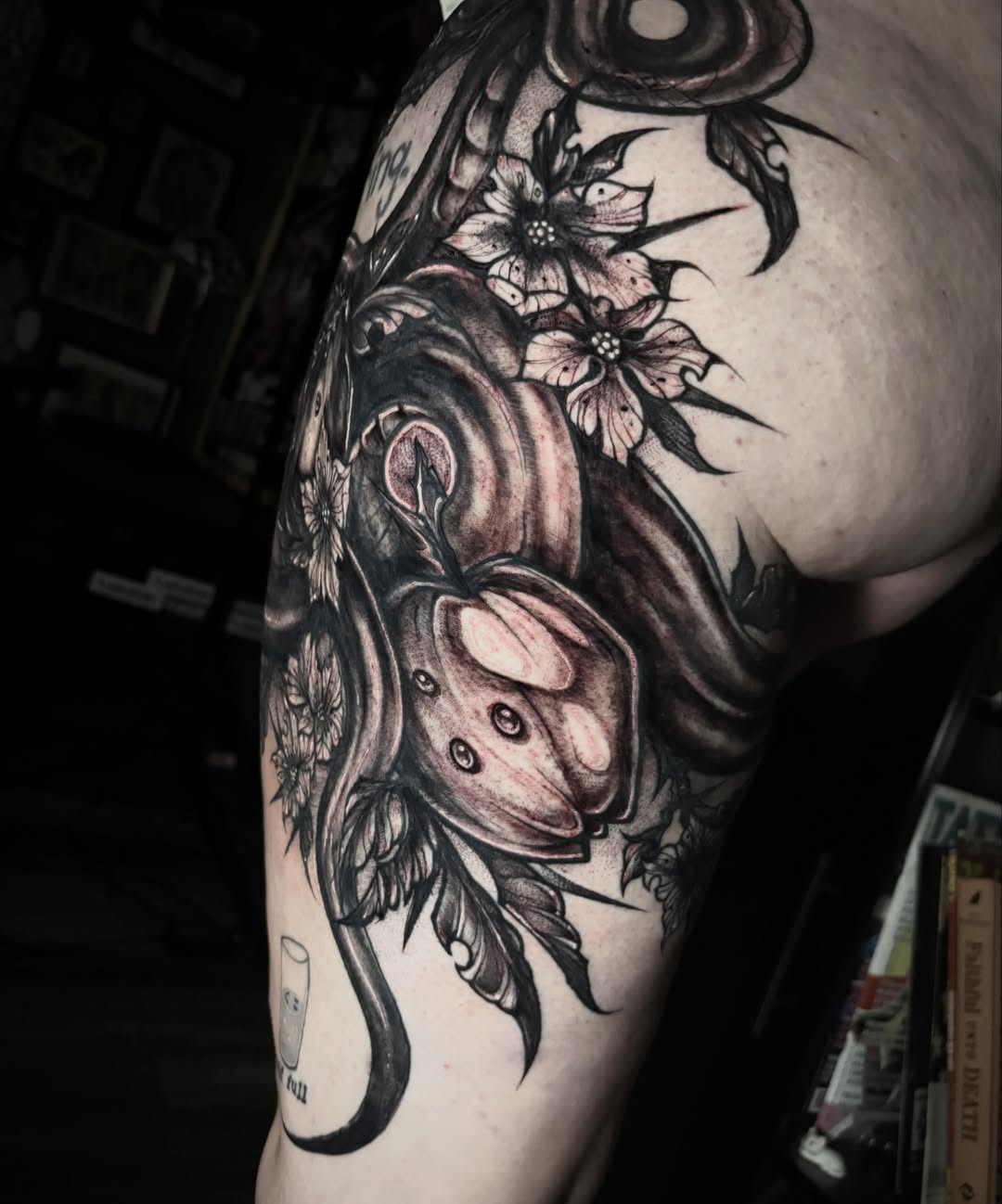 Pumpkin and flowers realism tattoo on the shoulder by ๐ท๐๐๐๐