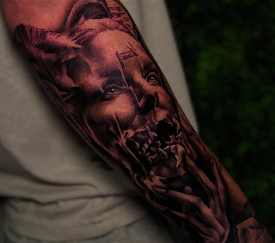 Grim reaper dark realism tattoo on the forearm by Bella Buonopane