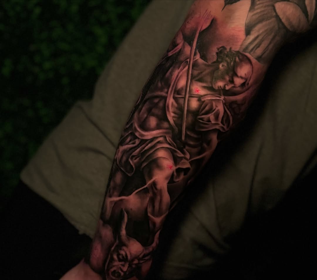 Warrior with spear realism tattoo on the forearm by Bella Buonopane
