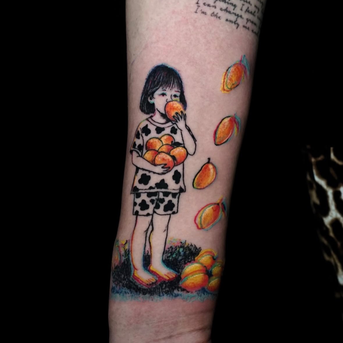 Child with mangoes illustrative tattoo on the forearm by Nyahzul - Glitch Tattoo Artist NYC