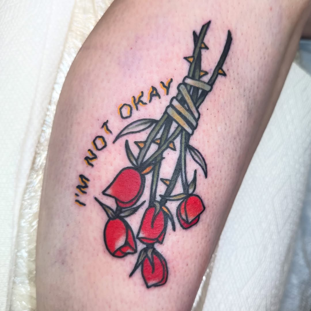 Roses and thorns American traditional tattoo on the forearm by Kurt Brecheis Jr., Malvern, Pennsylvania