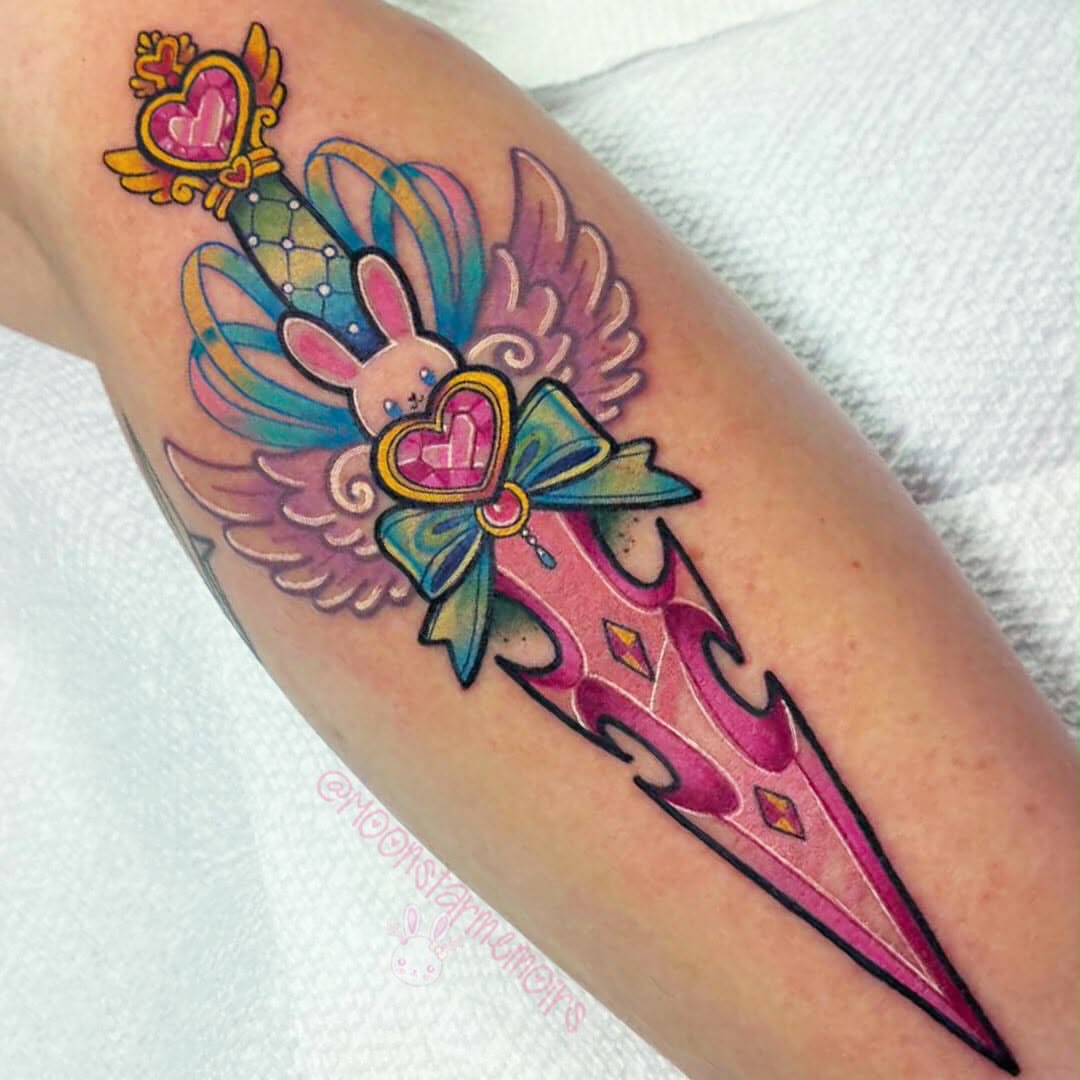 Sword with heart and bunny American traditional tattoo on the forearm by 𝓑𝓾𝓷𝓷𝔂 𝓓. 𝓥𝓪𝓷𝓒𝓸𝓮𝓿𝓮𝓻𝓲𝓷𝓰
