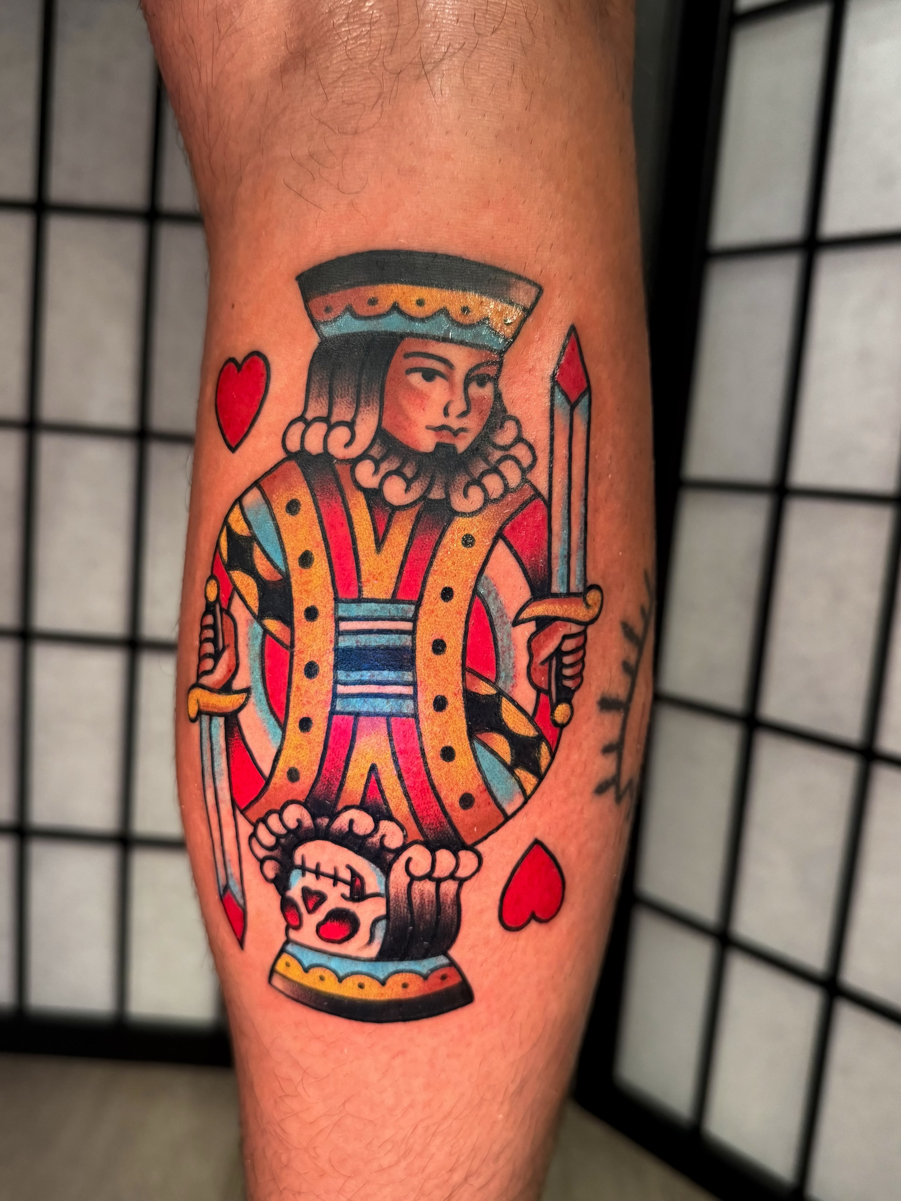 King of hearts American traditional tattoo on the forearm by Louie Flores