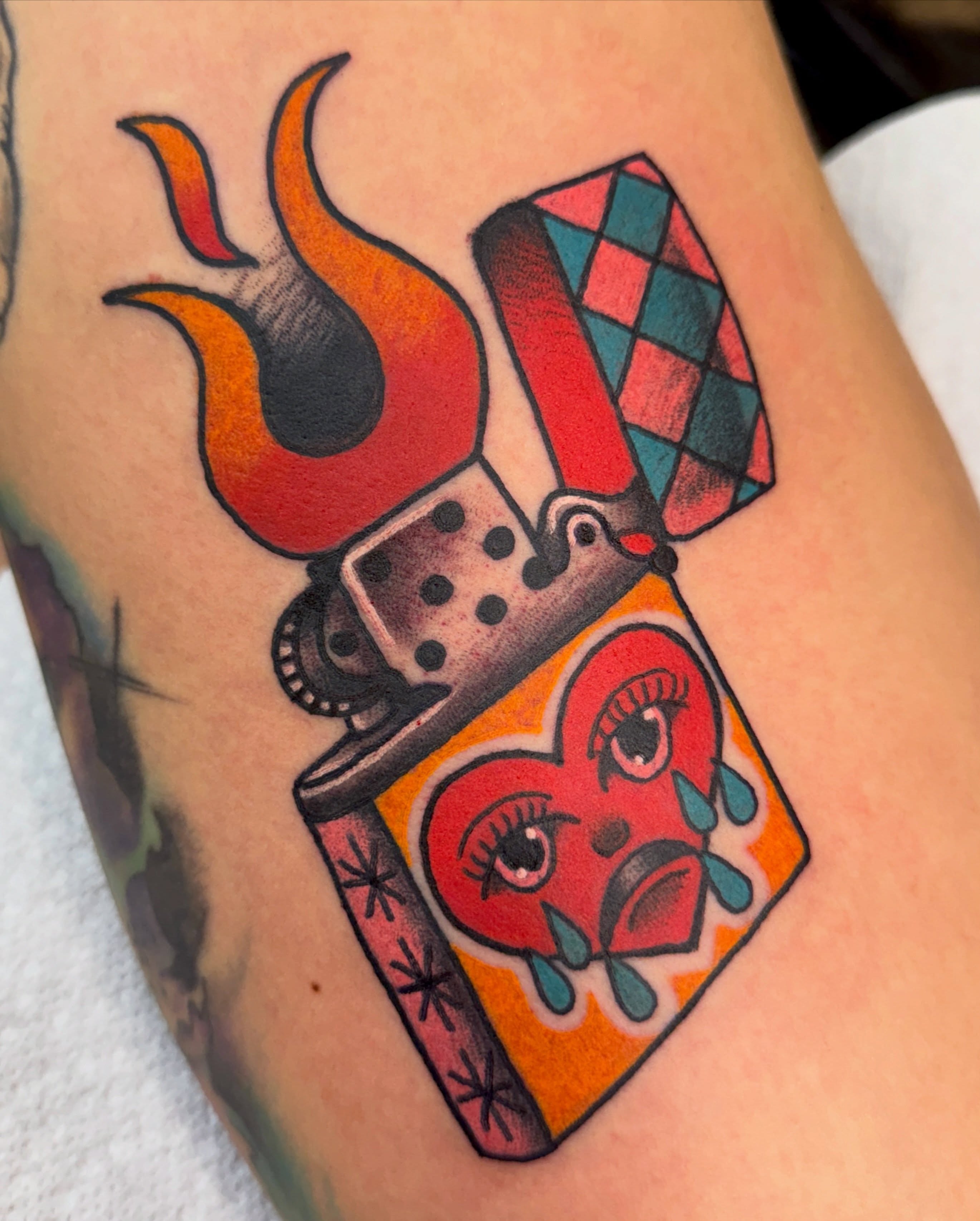 Lighter with flame American traditional tattoo on the forearm by 🪩 Marisa Rae Mathews 🪩, McKees Rocks, Pennsylvania
