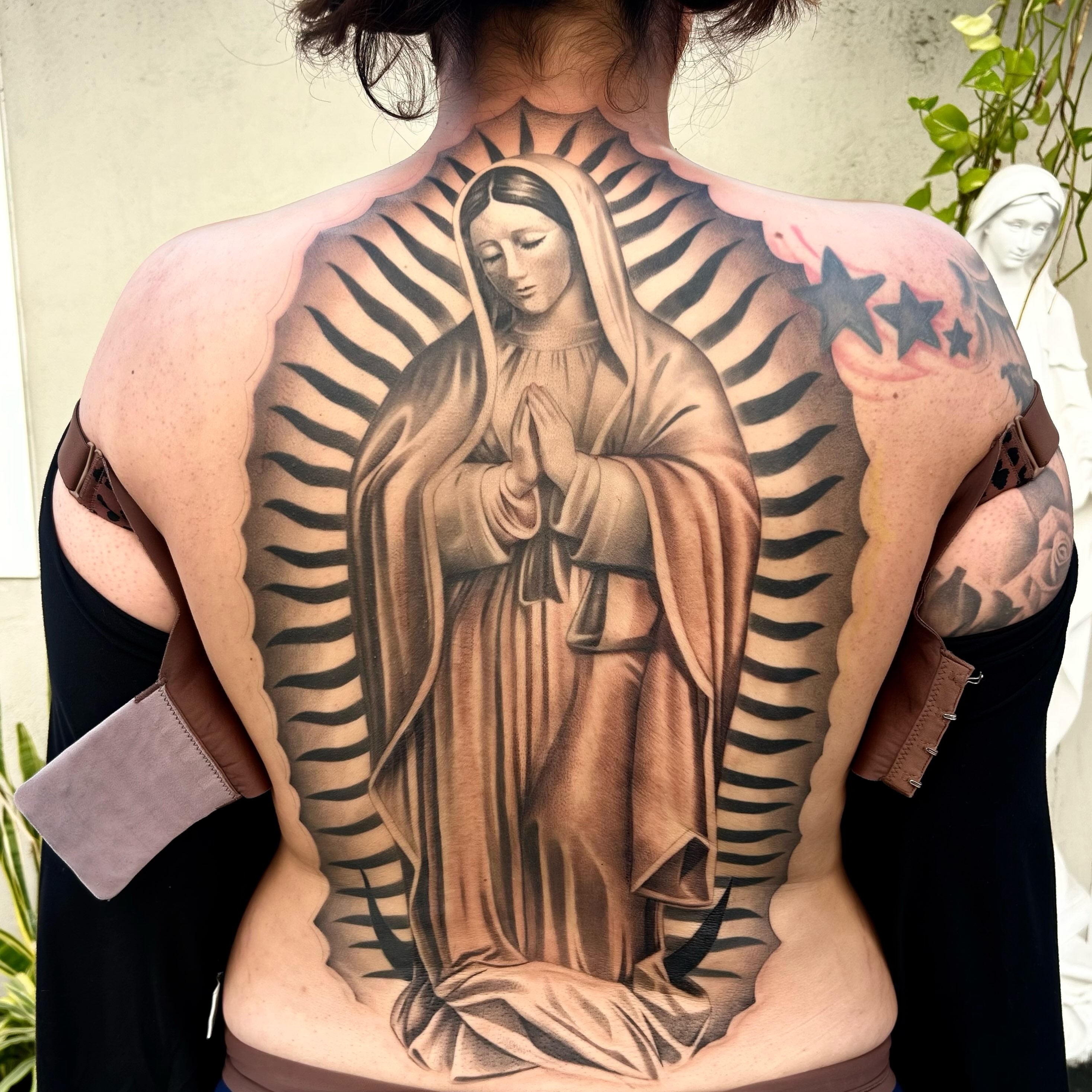 Our Lady of Guadalupe realism tattoo on the back by Tattoos by Anthony Davis