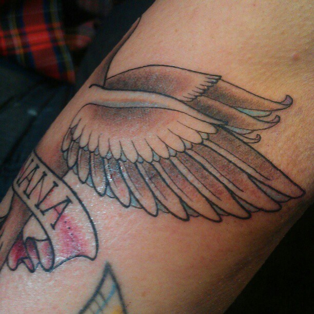 Wings American traditional tattoo on the forearm by @jaclyngreb