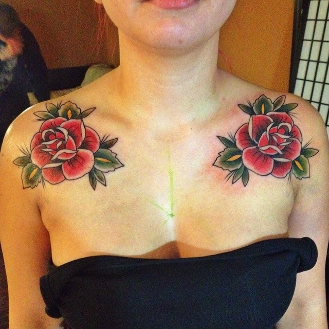 Roses American traditional tattoo on the chest by Derek Hutchison, Des Moines, Iowa