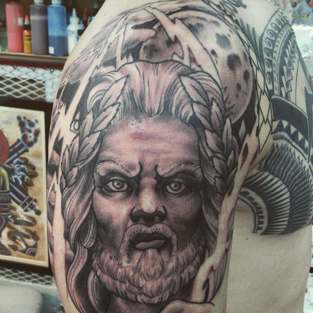 God-like figure realism tattoo on the shoulder by Daichi Horiyama