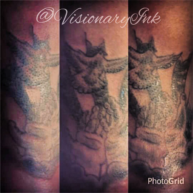 Angels dotwork tattoo on the forearm by Visionary Ink