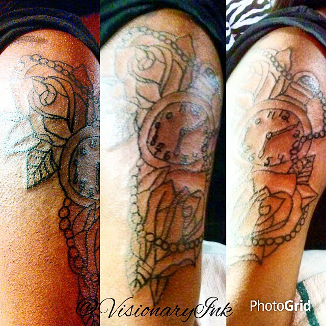 Clock and gears black and grey tattoo on the forearm by Visionary Ink