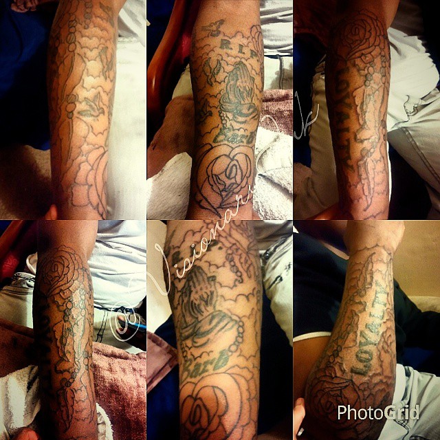 Roses and script black and grey tattoo on the forearm by Visionary Ink