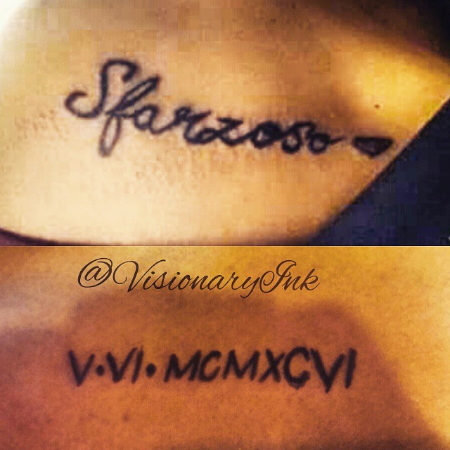 Sfarzoso lettering script tattoo on the chest by Visionary Ink