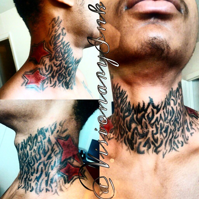 Flames American traditional tattoo on the neck by Visionary Ink