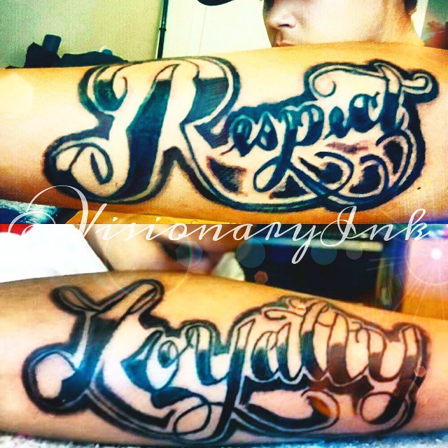 Respect lettering script tattoo on the upper arm by Visionary Ink