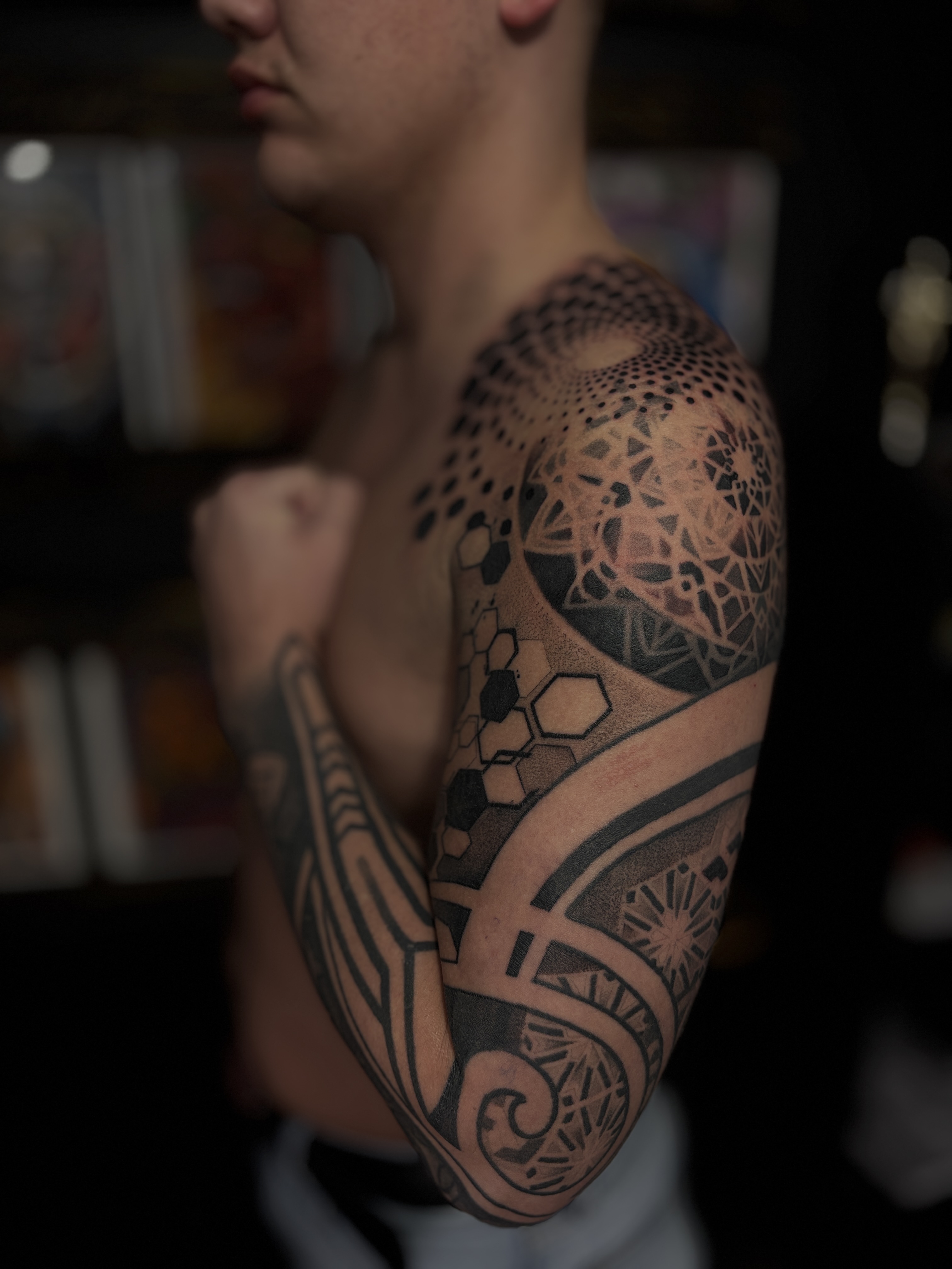 Geometric patterns geometric tattoo on the upper arm by Mila Tattoo Riga ( Krazzoo ), Riga